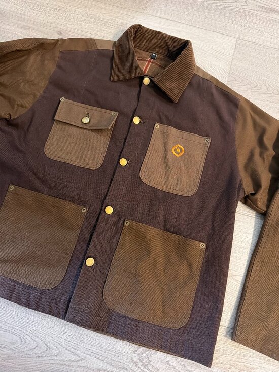 Other - Reworked Canvas Chore Jacket Mens M Brown Plaid Lined Workwear Utility Coat